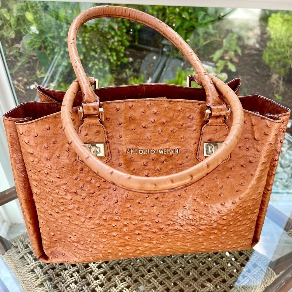 Antonio Melani leather satchel with an ostrich texture. a high-quality satchel.